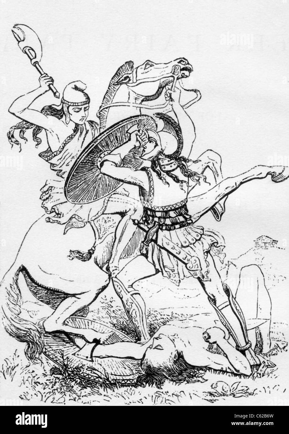 Un soldat grec à pied, un hoplite, attaque un guerrier monté avec détermination féroce après avoir tué un autre. Banque D'Images