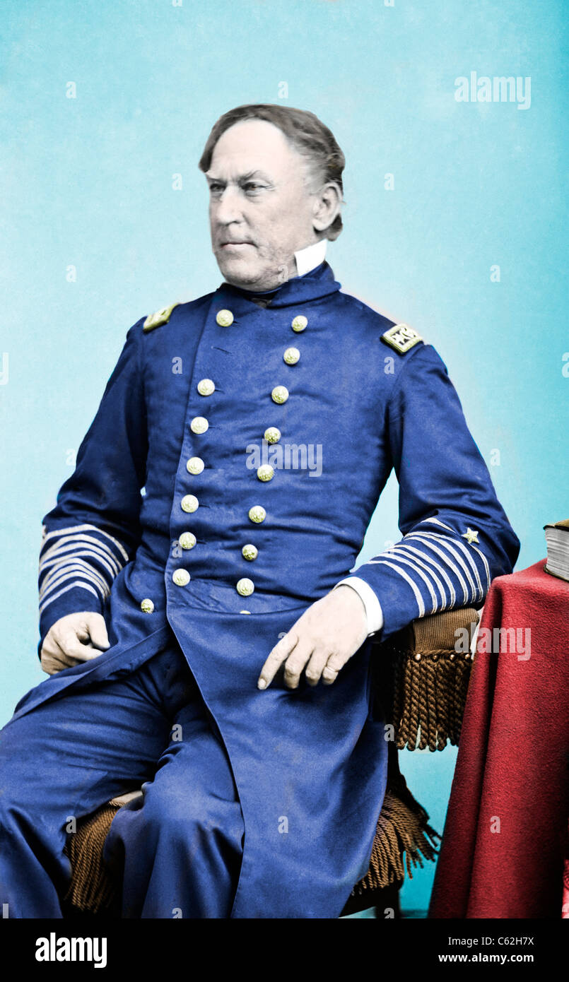 Portrait colorisé du Contre-amiral David G. Farragut, officier de la Marine fédérale (Vice-amiral ,1864) Guerre civile USA Banque D'Images