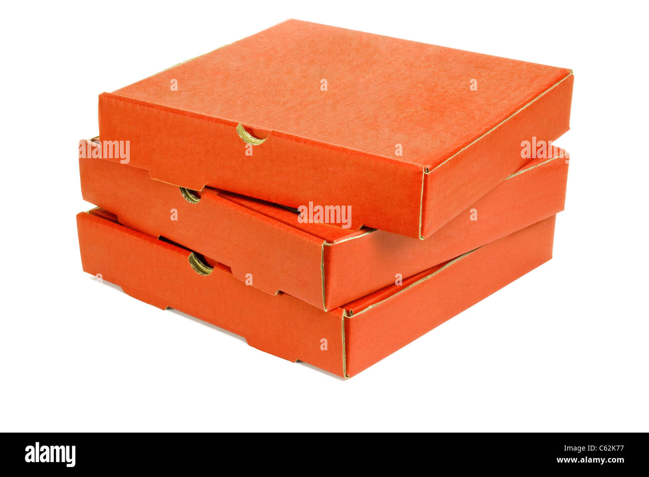 Pile de trois boîtes à emporter pizza sur fond blanc Banque D'Images