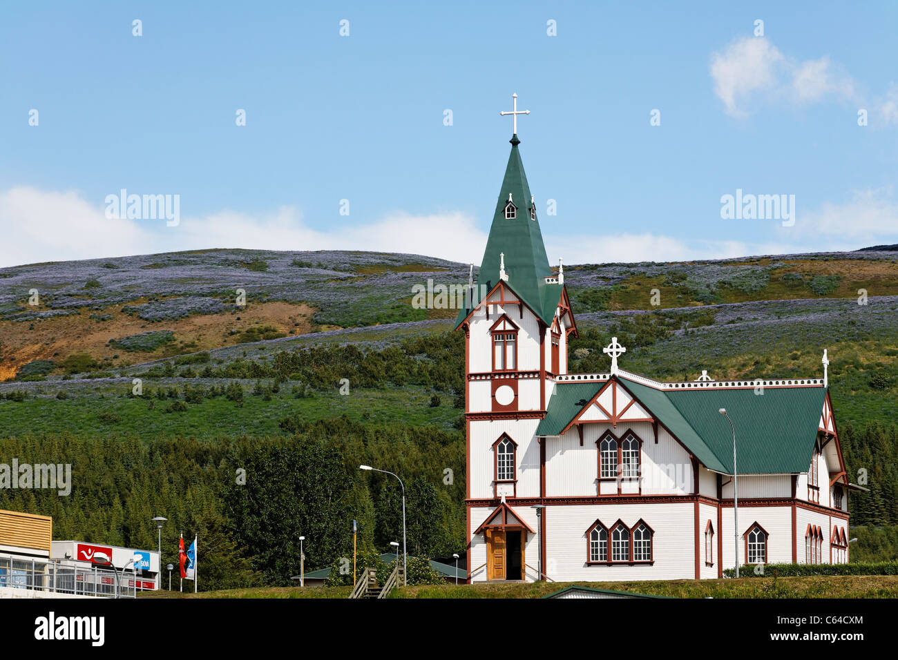 L'église du village, Husavik, l'Islande Banque D'Images