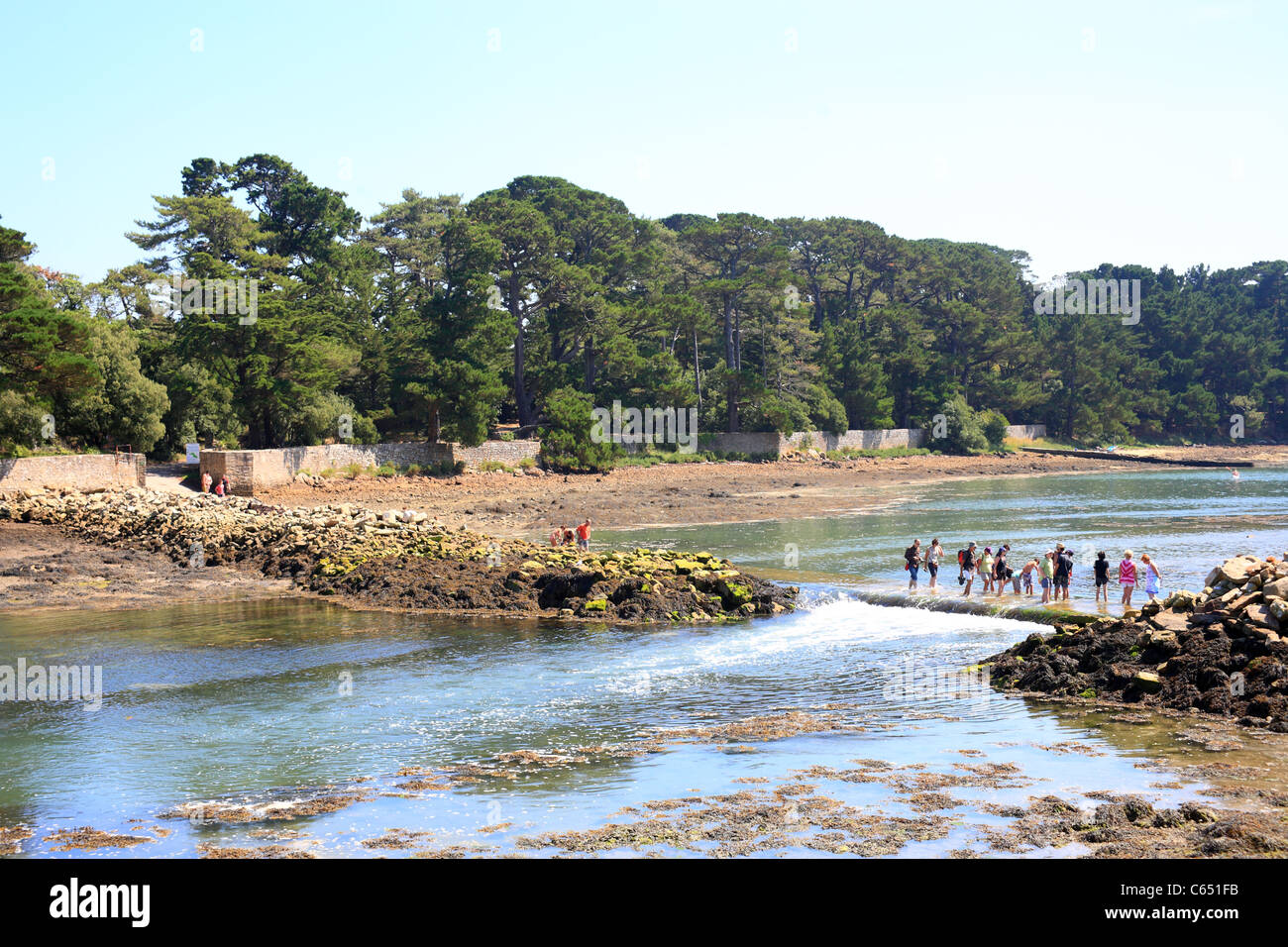 Vue de l'Ile de Berder à partir de la rue de Berder, Larmor-Baden, Morbihan, Bretagne, France Banque D'Images