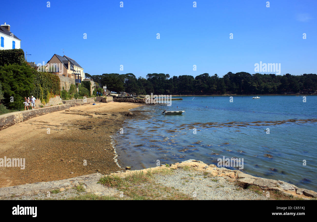 Vue de l'Ile de Berder à partir de la plage de Larmor-baden, Larmor-Baden, Golfe de Morbihan, Morbihan, Bretagne, France Banque D'Images