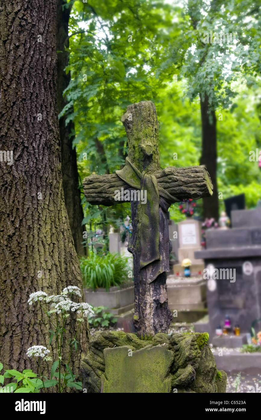 Rare croix sur une tombe d'un ancien cimetière Banque D'Images