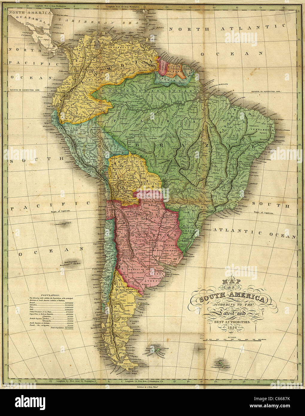 1826 carte de l'Amérique du Sud - carte Antiquaire vintage par Finley Banque D'Images