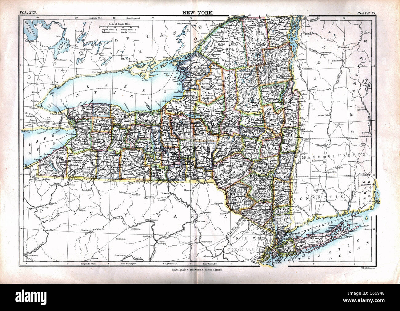 1884 carte de l'État de New York - carte Antiquarienne d'époque par Johnston Banque D'Images