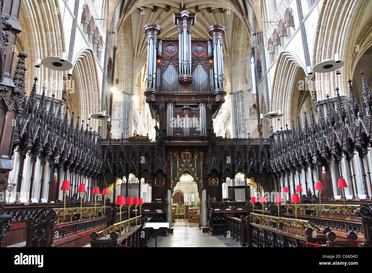 Le 17e siècle d'orgue de la cathédrale d'Exeter, Quire, Exeter, Devon, Angleterre, Royaume-Uni Banque D'Images