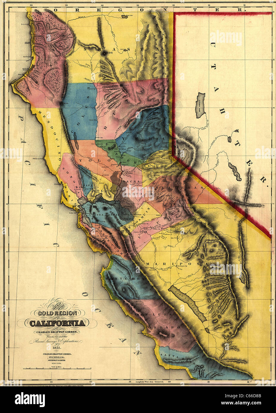 Une nouvelle carte de la région de l'or en Californie, 1851, par Charles Drayton Gibbes - carte Antiquarienne d'époque Banque D'Images