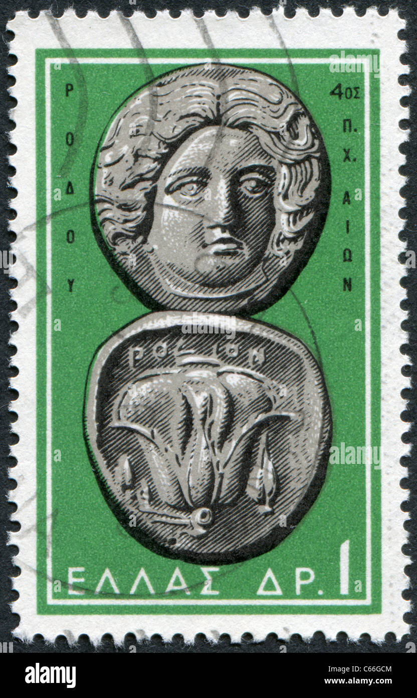 Grèce - 1963 : timbre imprimé en Grèce, présente le grec ancien, pièces de monnaie Helios-Rose Banque D'Images