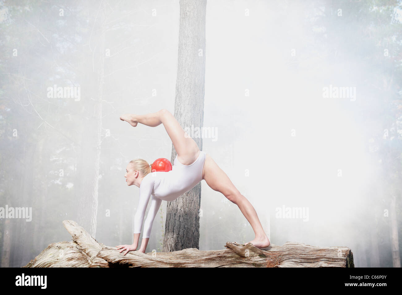 Dancer posing on log in forest Banque D'Images