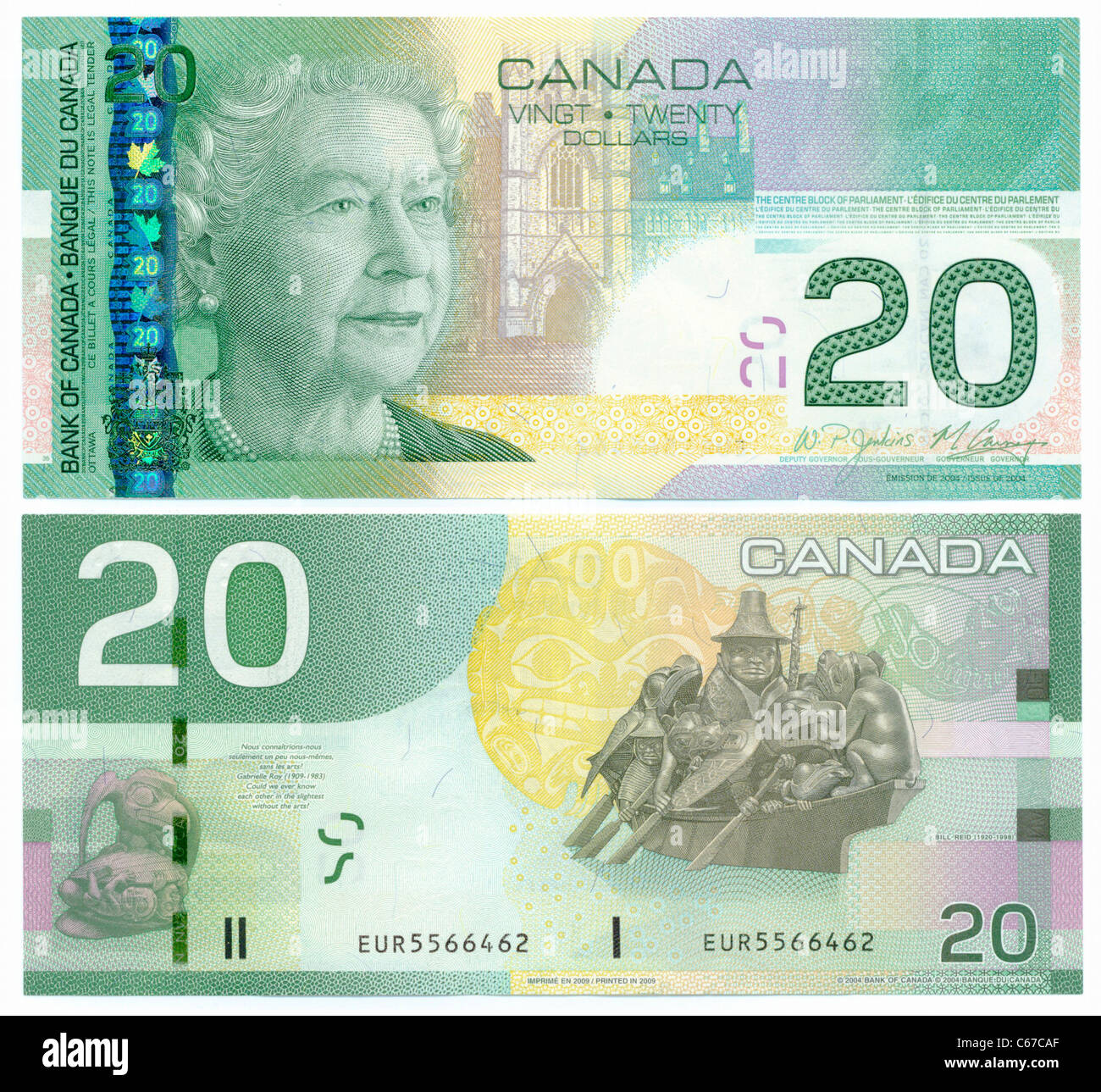 Avant et l'arrière d'un billet de 20 dollar canadien 2009 Banque D'Images