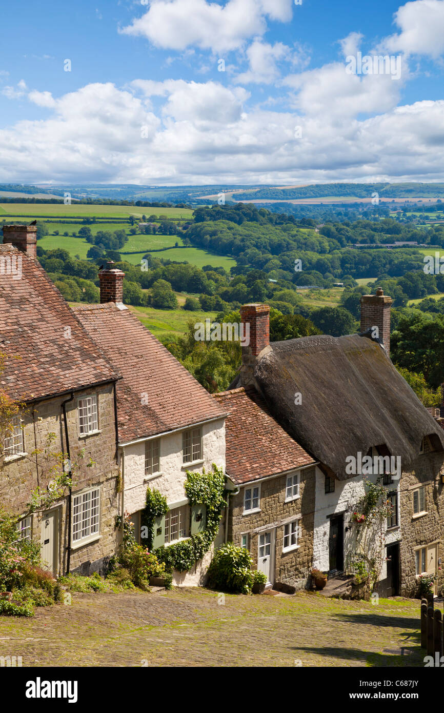 Hovis pain annonce Célèbre Gold Hill Shaftesbury et vue sur Blackmore Vale Shaftesbury, Dorset, Angleterre Royaume-Uni GB Europe Banque D'Images