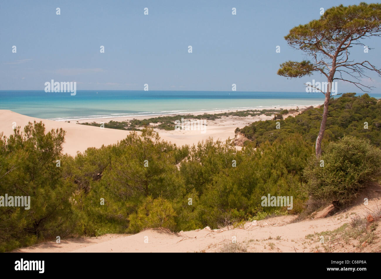 Mer Méditerranée avec des dunes de sable de la plage de Patara en premier plan, Patara, Turquie Banque D'Images