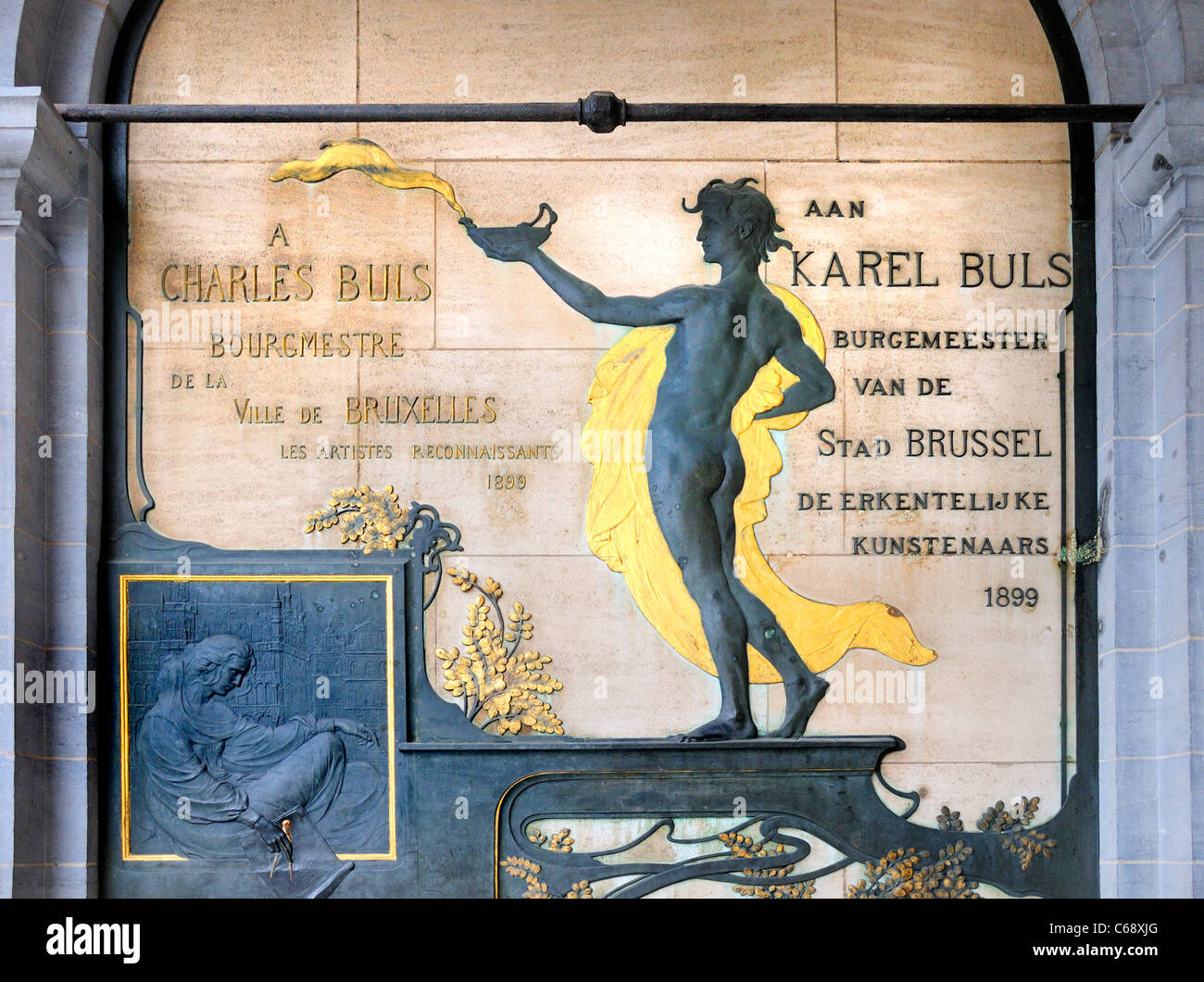 Bruxelles, Belgique. Monument à Charles Buls / Karel Buls (Maire de Bruxelles) à côté de la Grand Place d'arcade. Banque D'Images