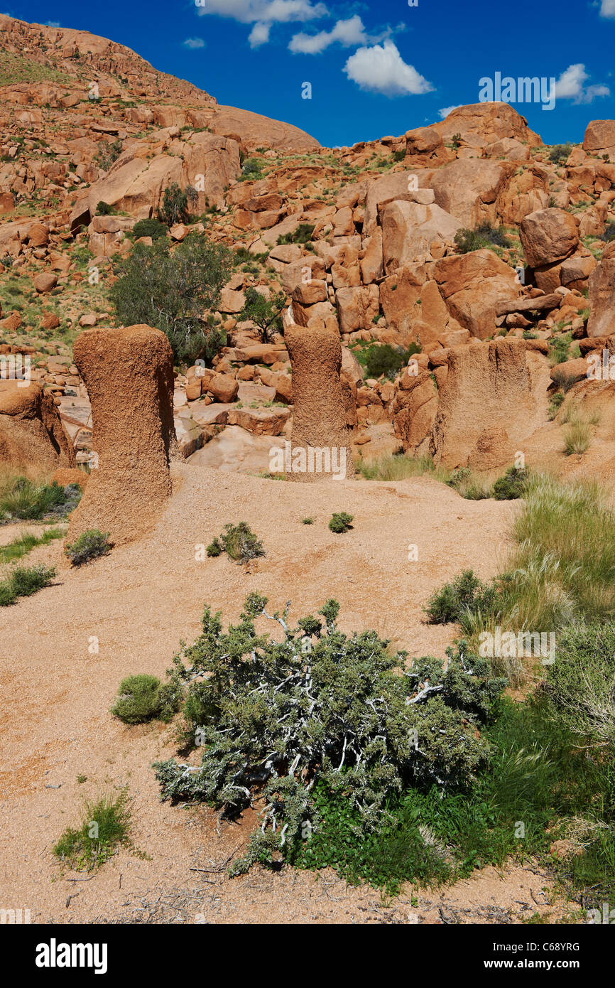 Paysage avec des montagnes, des rochers et la vallée verte au niveau de l'exploitation et Namtib, Namibie, Afrique Banque D'Images