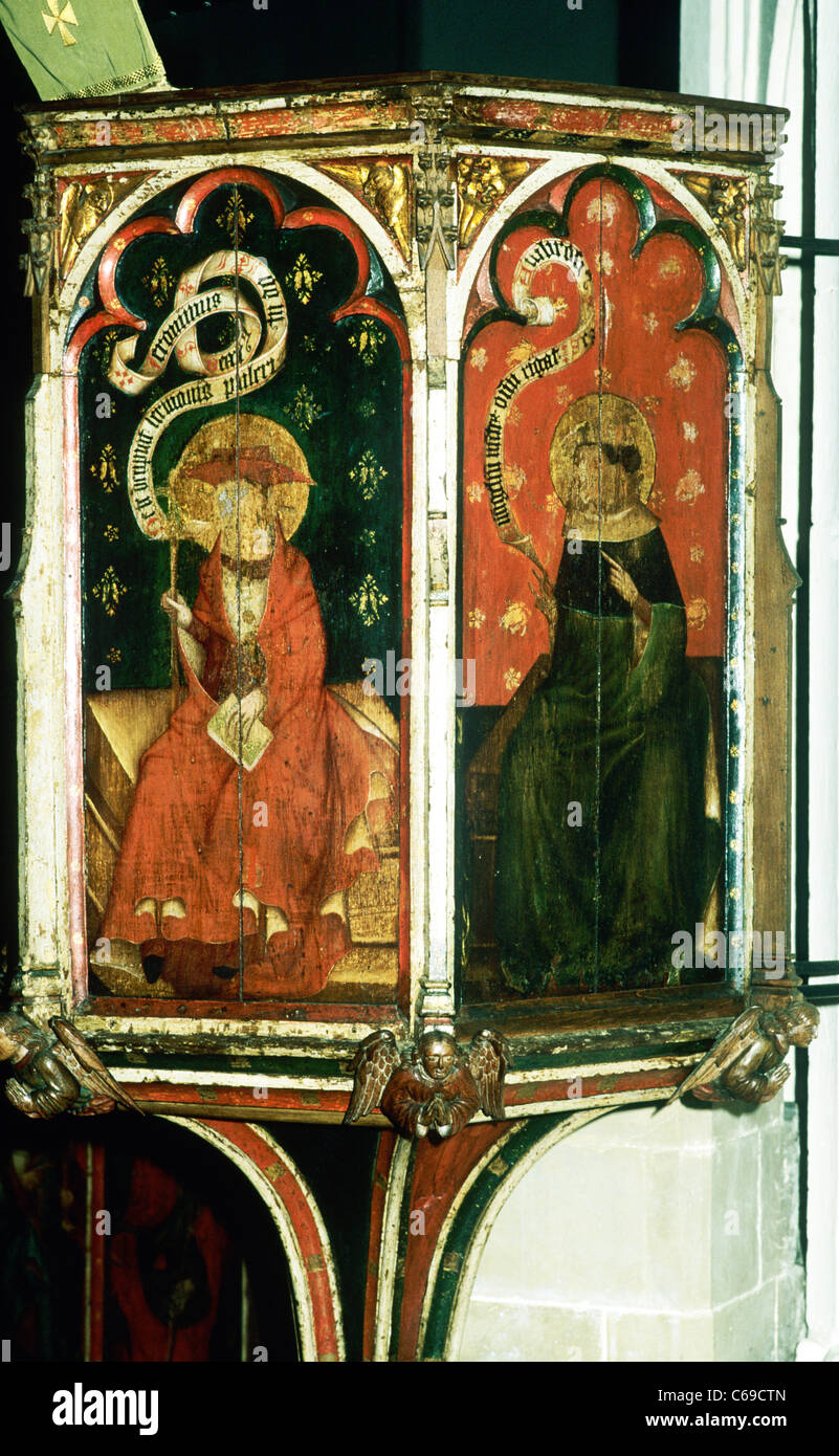 Castle Acre, Norfolk. Chaire du 15ème siècle. Saint Jérôme et saint Ambroise, deux des quatre docteurs de l'Eglise latine Banque D'Images