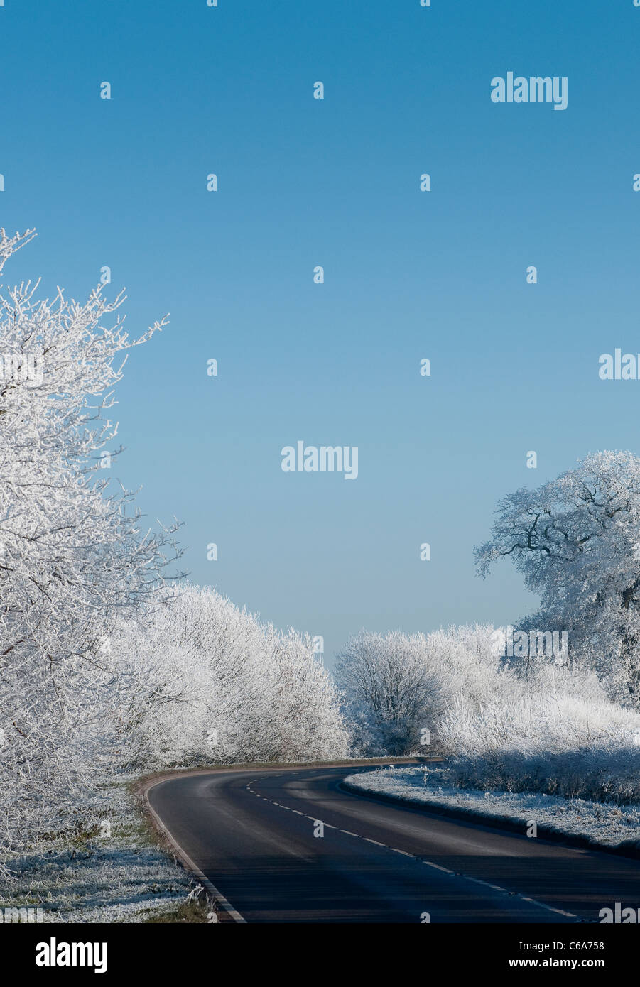 Belle vue sur une route qui serpente à travers le vide givre dans l'Angleterre rurale campagne couverte en hiver. Banque D'Images