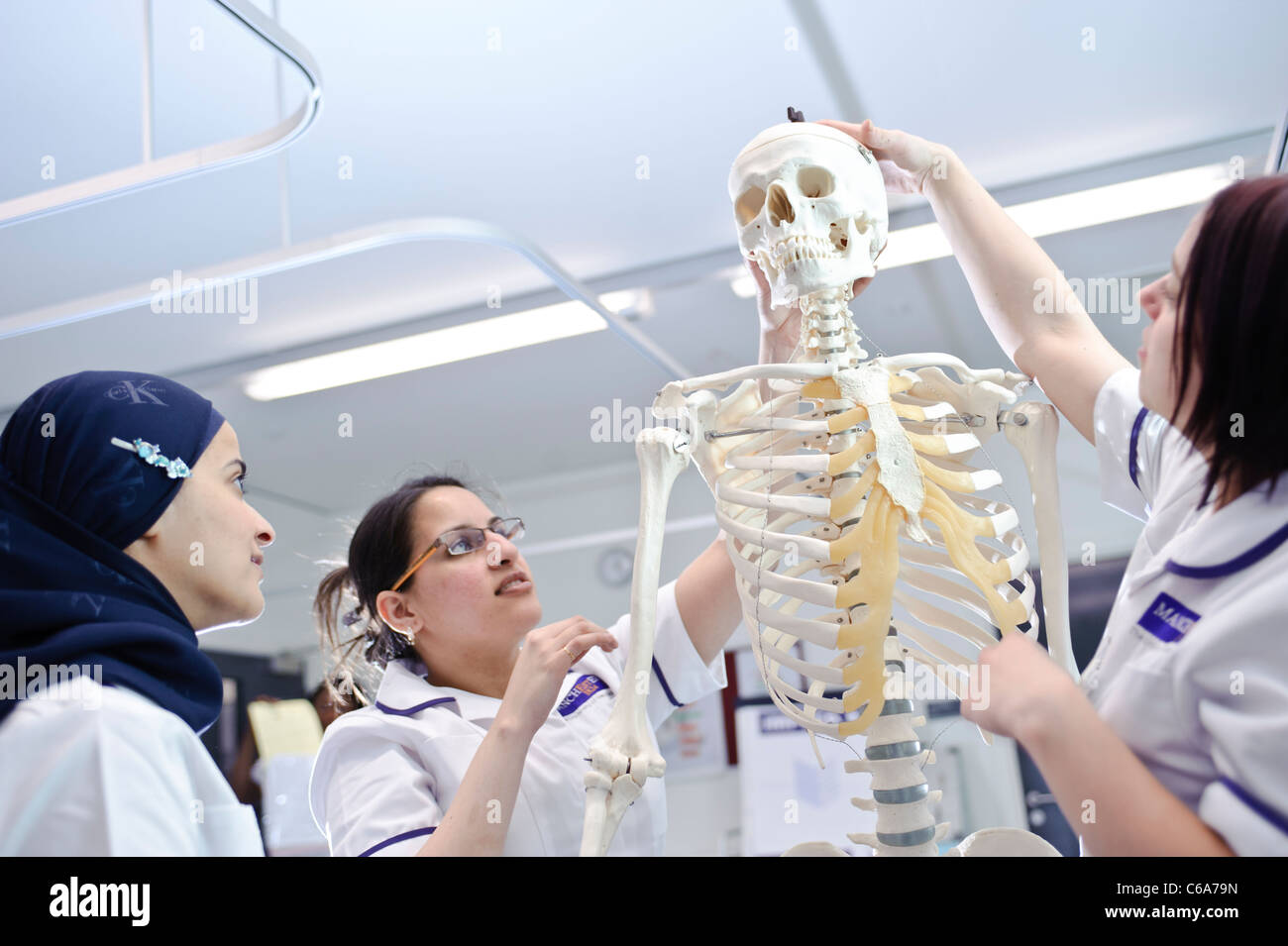 Mixed Race féminine étudiante en soins infirmiers Les infirmières de l'université avec des faux squelette modèle anatomique Banque D'Images