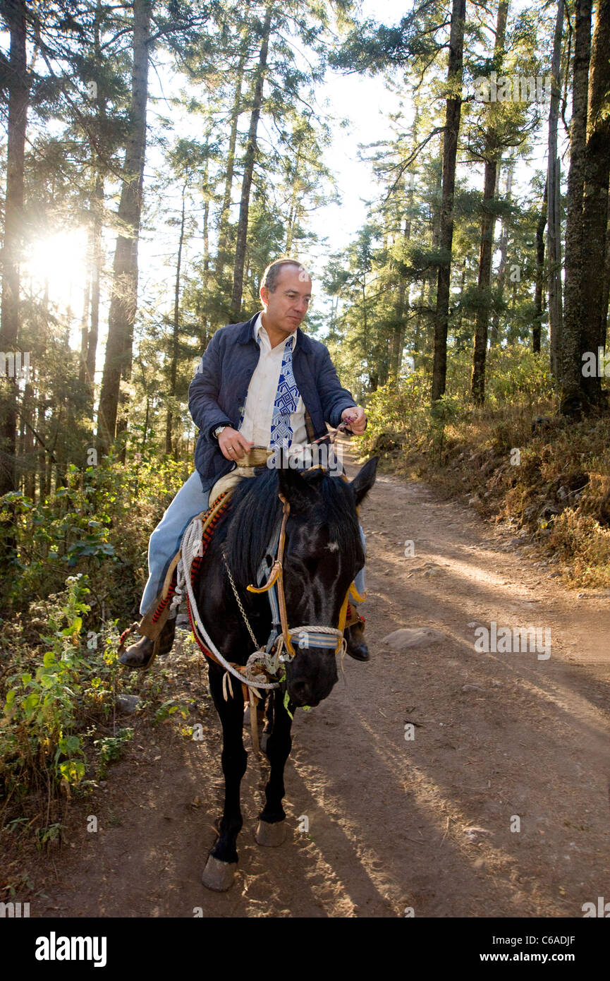 Le Président Felipe Calderon à cheval au Monarch Butterfly préserver à Michoacan, Mexique Banque D'Images