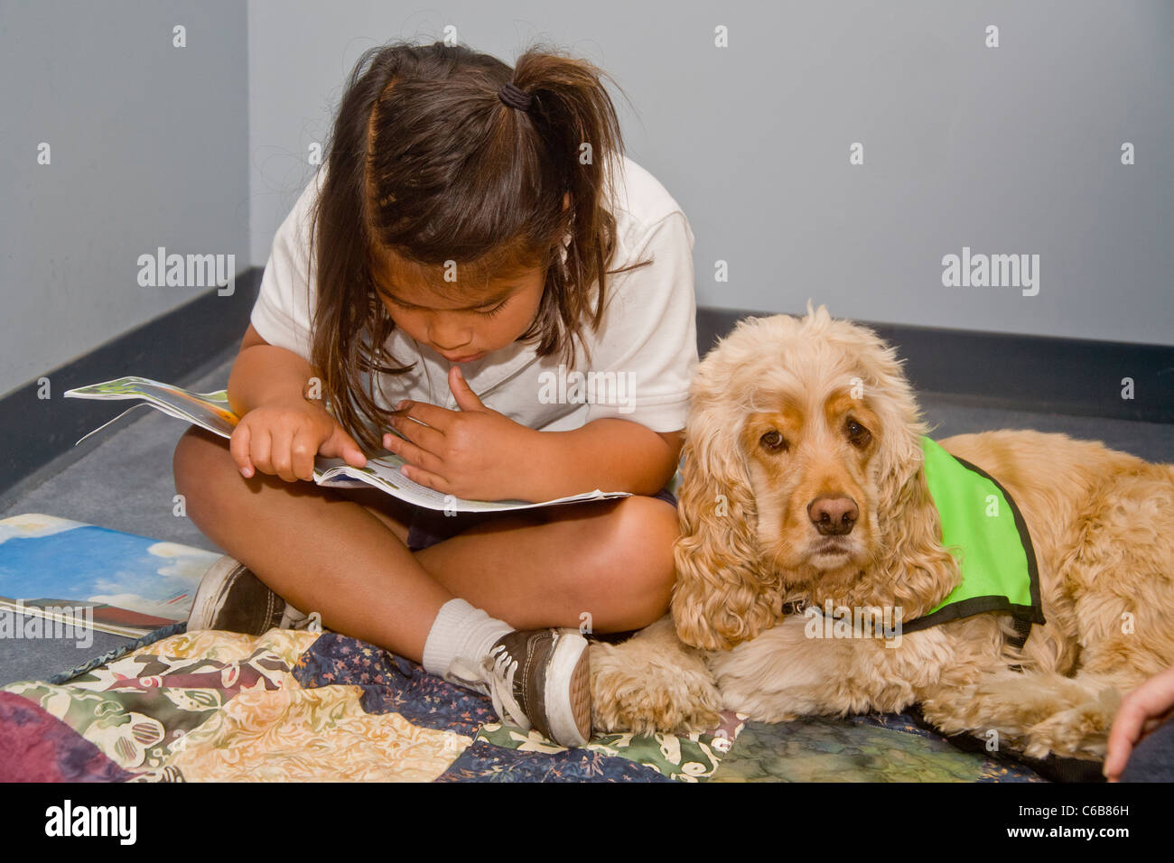 Une fille hispanique en uniforme est réconforté par un chien de thérapie 'formés' sur une couverture au cours d'une lecture pratique de l'exercice. Banque D'Images