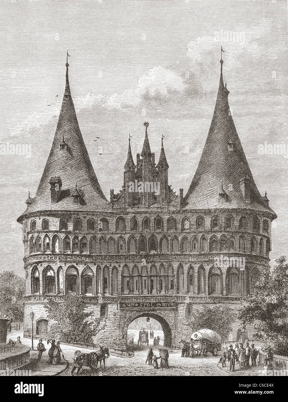 L'Holsten Gate, Lubeck, Allemagne au 19e siècle. Banque D'Images