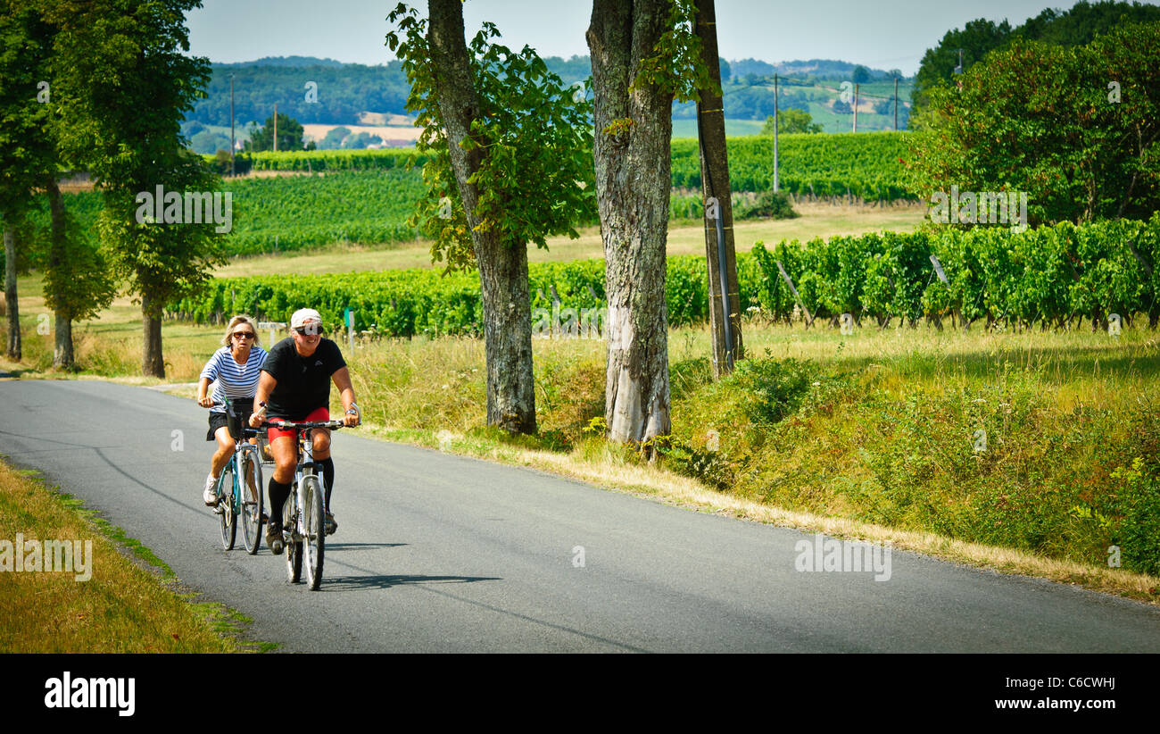 Vélo tourisme cours des vignobles de la Dordogne, France en été Banque D'Images