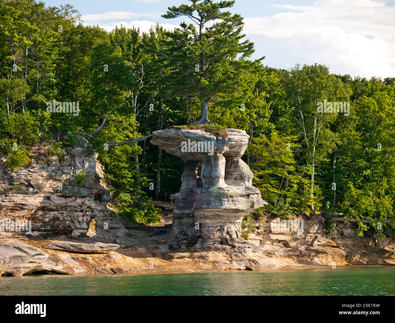 Chapelle Rock en Michigan's Pictured Rocks est un reste de grès cambrien racines du pin blanc pour atteindre la rive. Banque D'Images