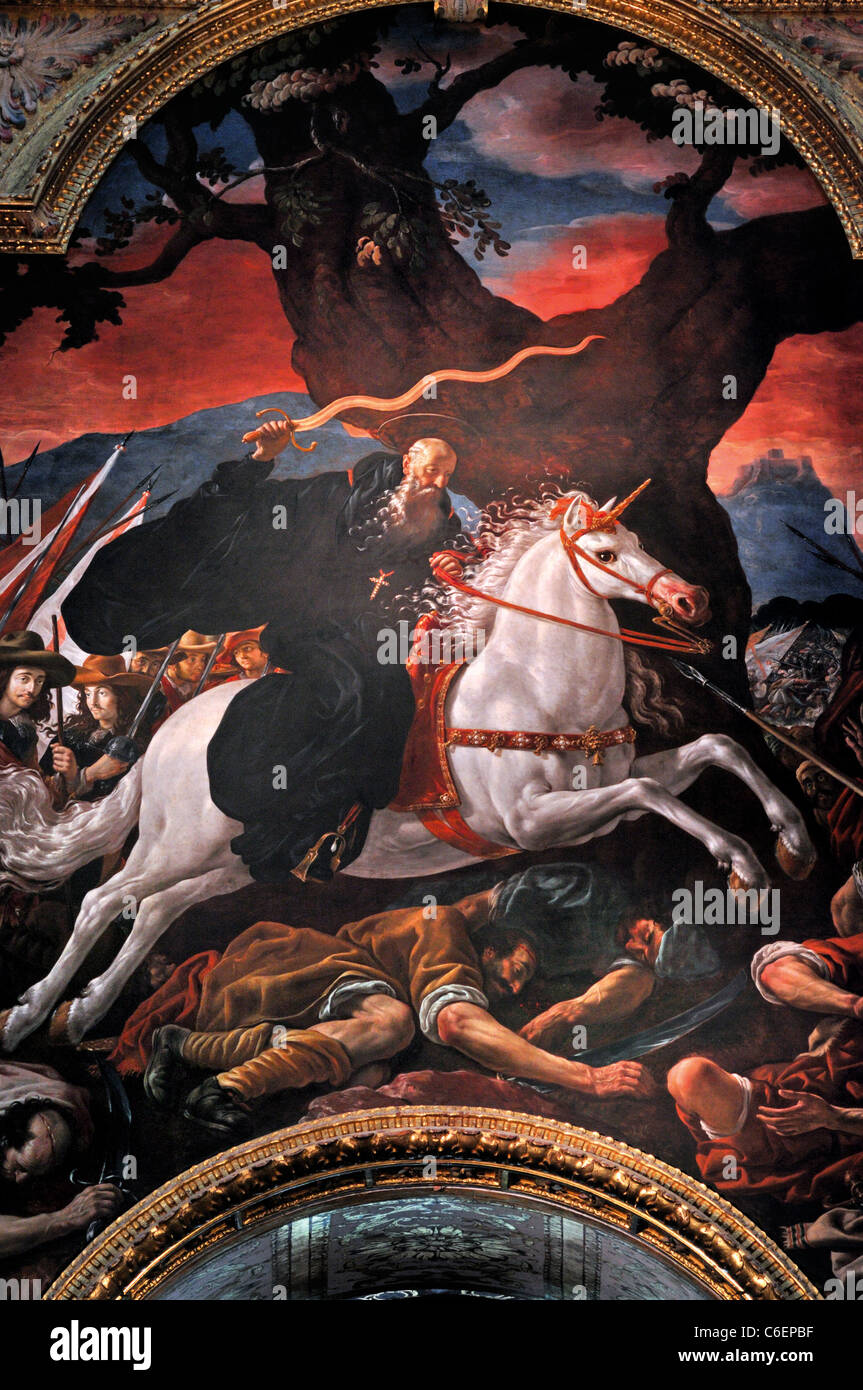 L'Espagne, Monastère de Yuso : peinture de l'autel avec Saint Millan dans une bataille contre les Maures Banque D'Images