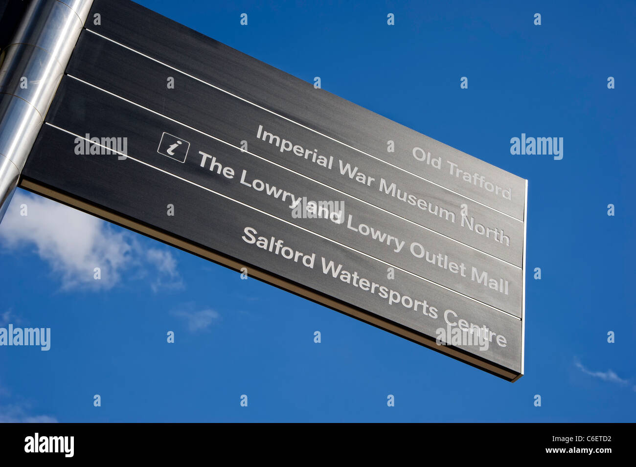 Panneau indiquant la voie à divers endroits dans la région de Salford, près de Manchester Banque D'Images