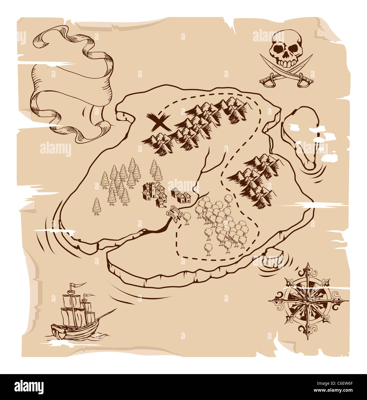 Illustration d'une ancienne carte au trésor de l'île pirate Banque D'Images