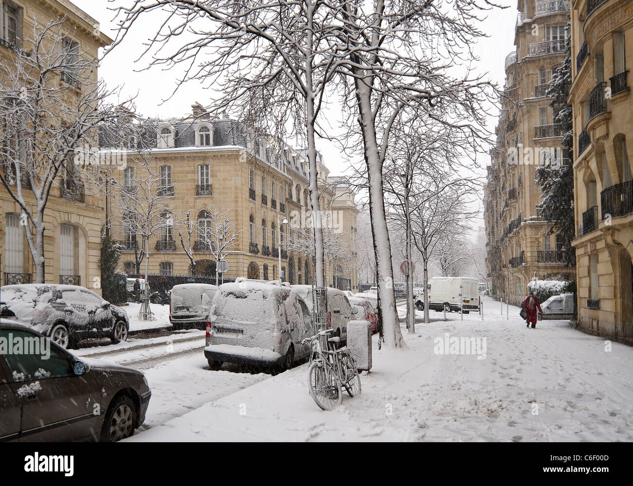 Une tempête de neige au début de l'hiver couvre les arbres et les trottoirs de Paris, France. Banque D'Images