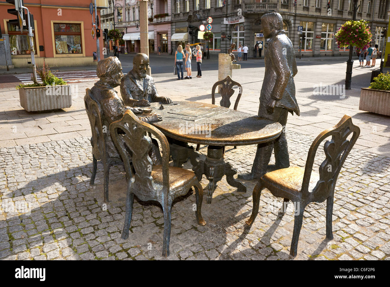 Lodz, rue Piotrkowska, sculptures en plein air, la Pologne Europe Banque D'Images