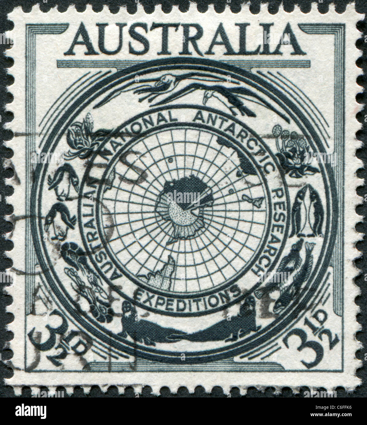 Australie - 1954 : timbre imprimé en Australie, montre la Faune et flore de l'Antarctique et la carte Banque D'Images