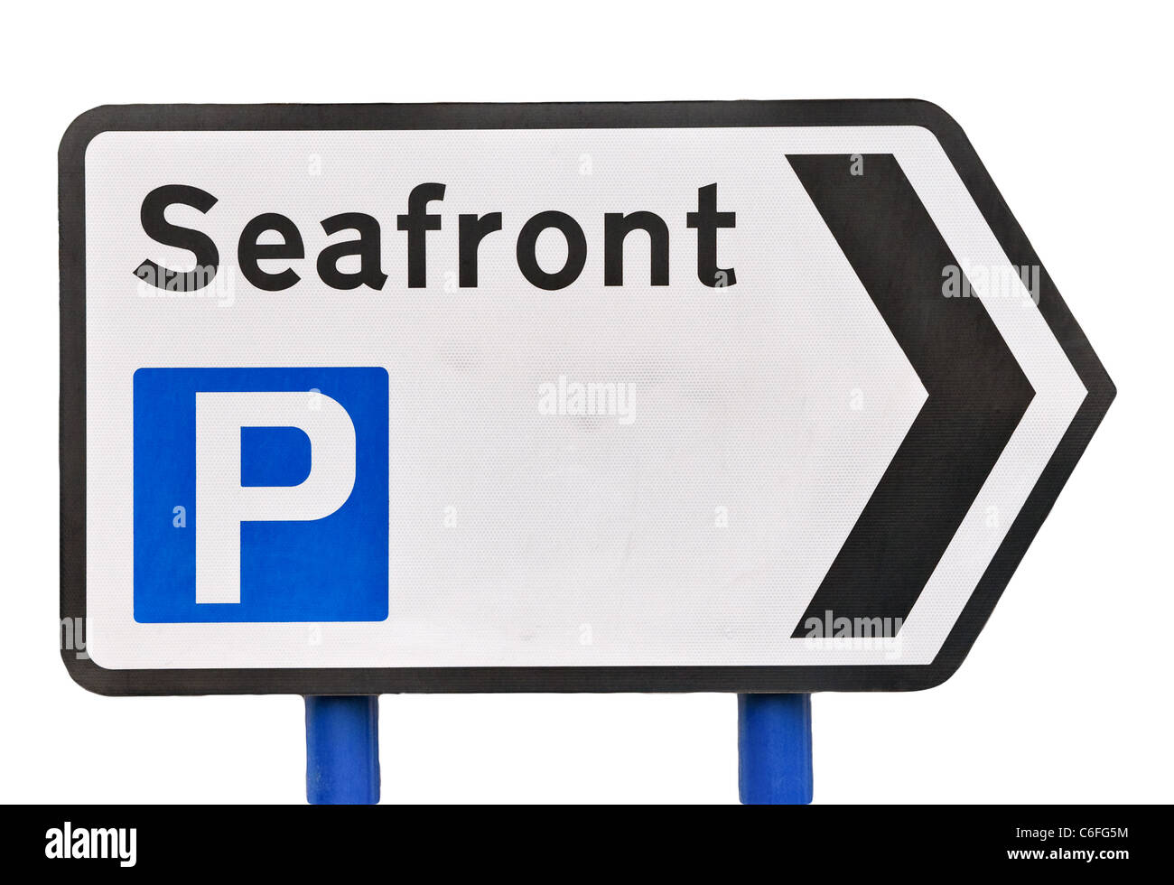 Panneau de signalisation, sur le front de mer et parking gratuit les directions, England, UK Banque D'Images