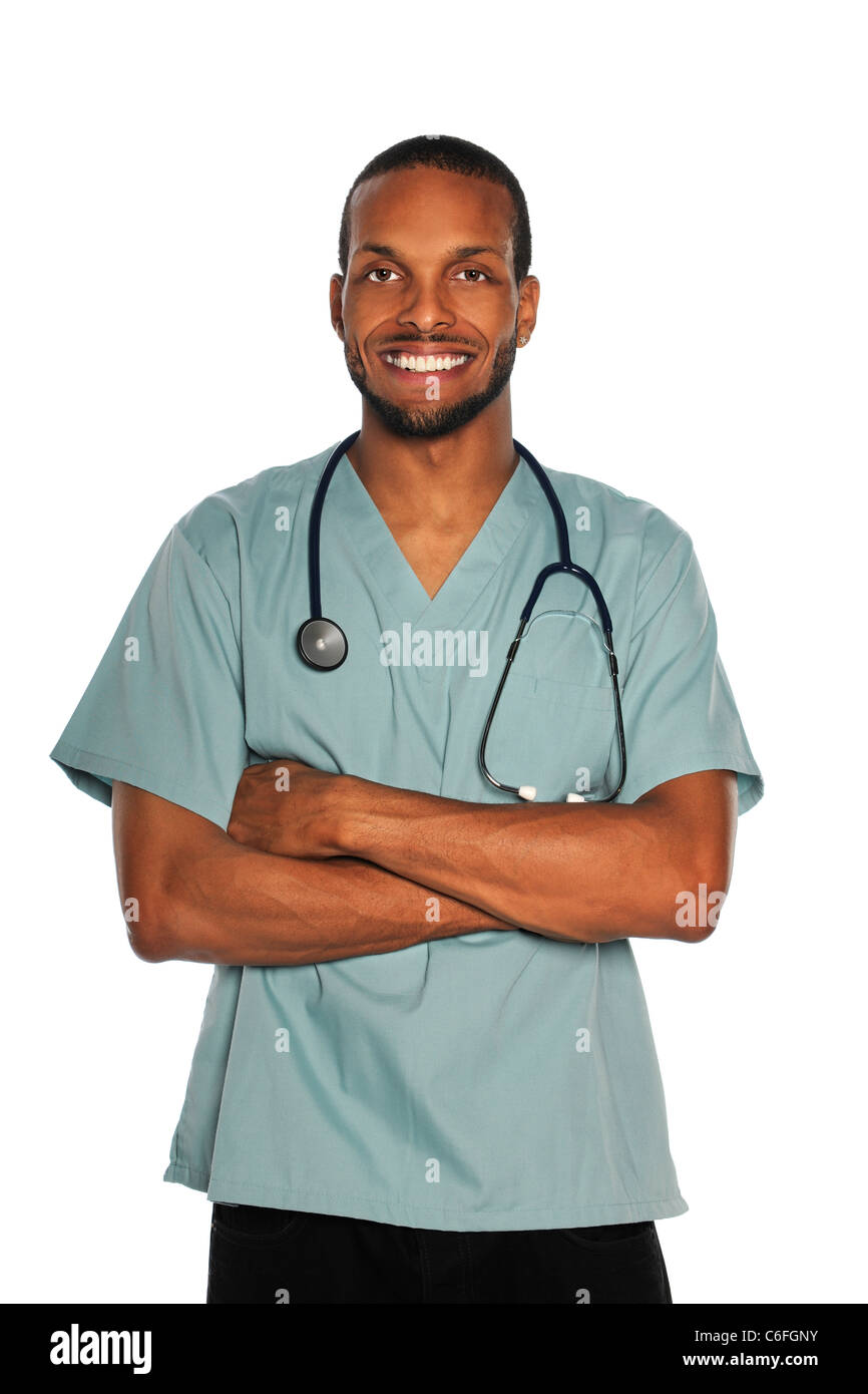 Portrait of African American male médecin ou infirmière smiling isolé sur fond blanc Banque D'Images Portrait of African American male médecin ou infirmière smiling isolé sur fond blanc Banque D'Images