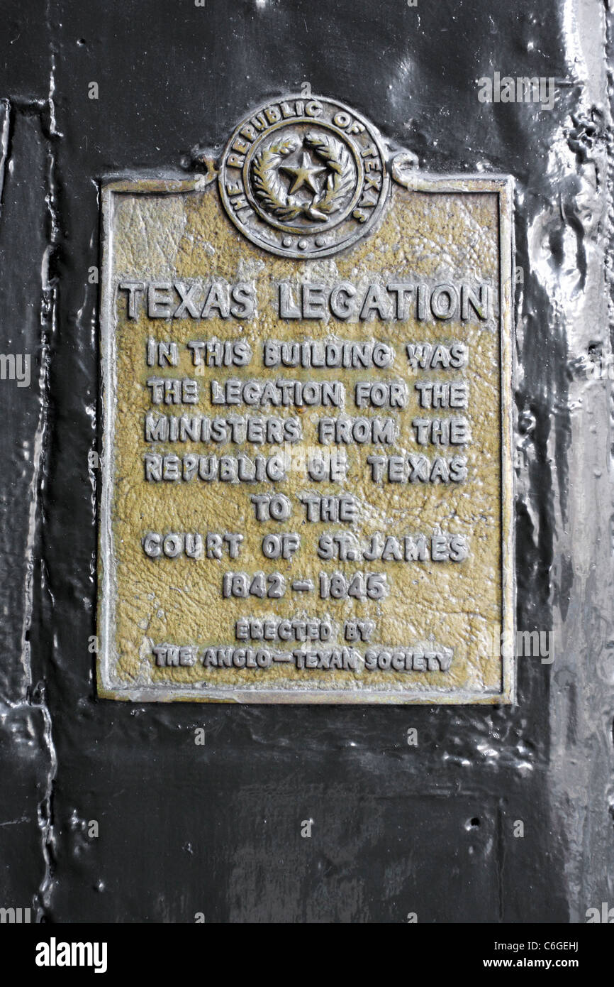 Plaque indiquant le site ou référence à la Légation du Texas ou de l'Ambassade de France à Londres, quartier St James. Banque D'Images