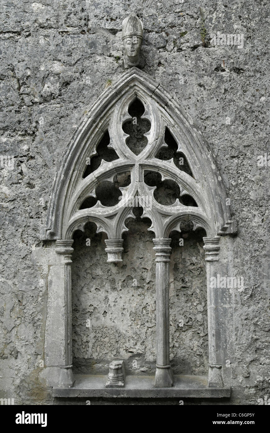 Cusped et remplages tête à l'intérieur de la sculpture évêques Kilfenora Cathedral Banque D'Images