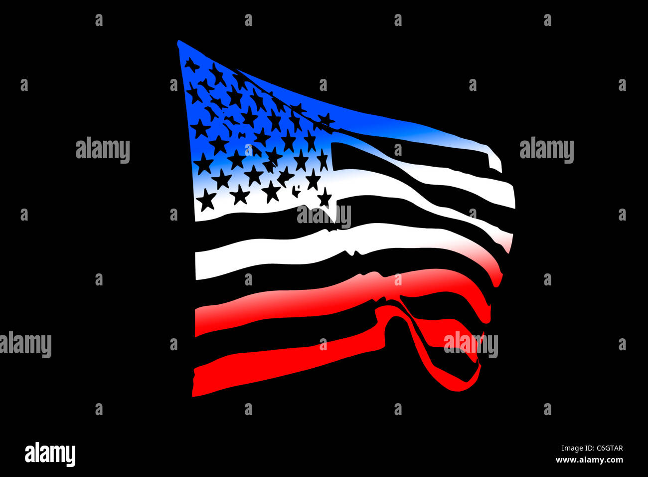 USA flag waving silhouette dans le vent isolated on black Banque D'Images