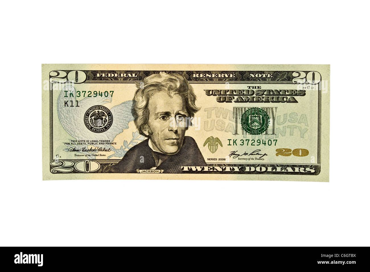 Seul $20 USD loi isolated on white Banque D'Images