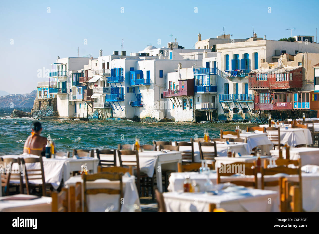 La petite Venise de Mykonos, au bord de l'eau (Hora), îles Cyclades, Grèce, Europe Banque D'Images