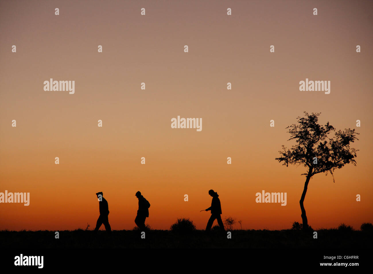 Trois randonneurs se découpant au coucher du soleil dans le désert paysage Banque D'Images