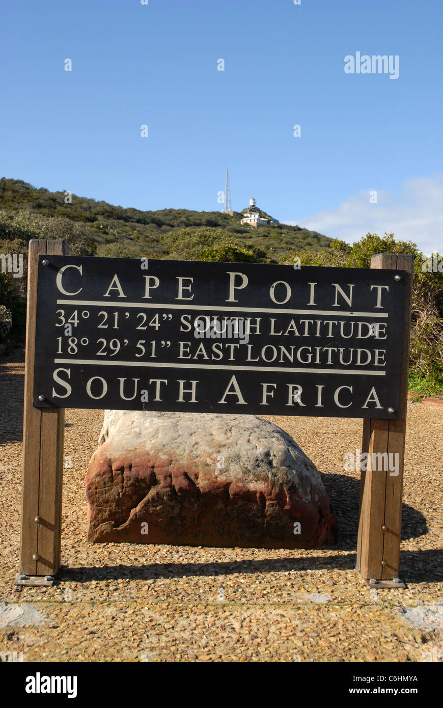 Cape Point sign & Phare historique, Cape Point, Cape of Good Hope, Table Mountain National Park, Western Cape, Afrique du Sud Banque D'Images