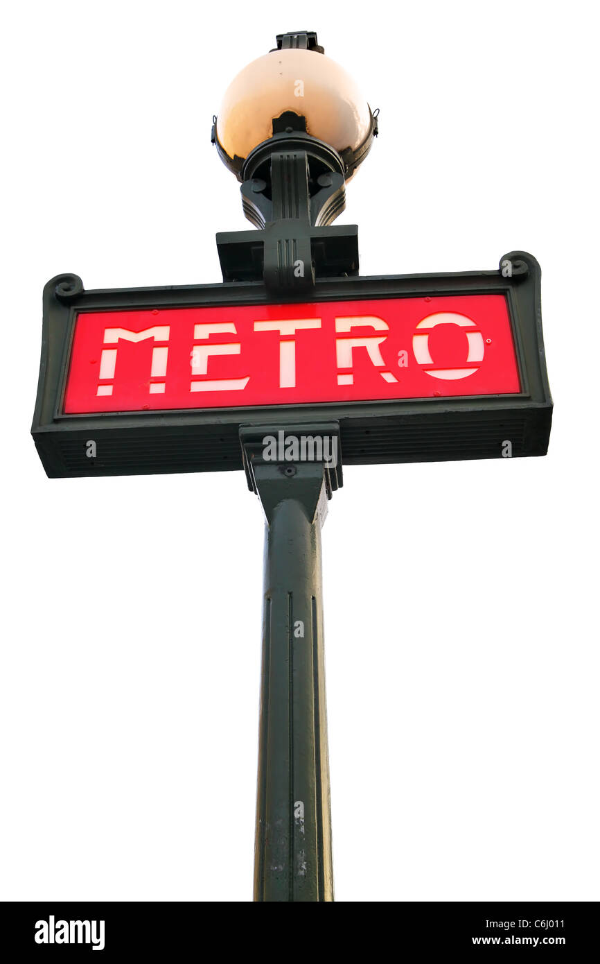 Paris Metro sign close-up sur l'isolé sur fond blanc Banque D'Images