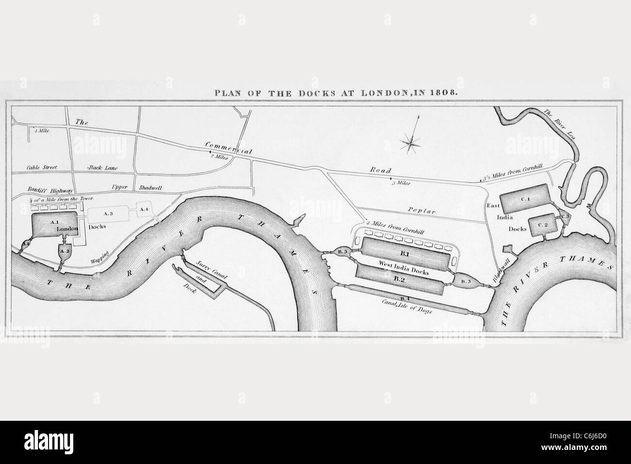 Plan de docks de Londres qu'ils l'étaient en 1808. Banque D'Images