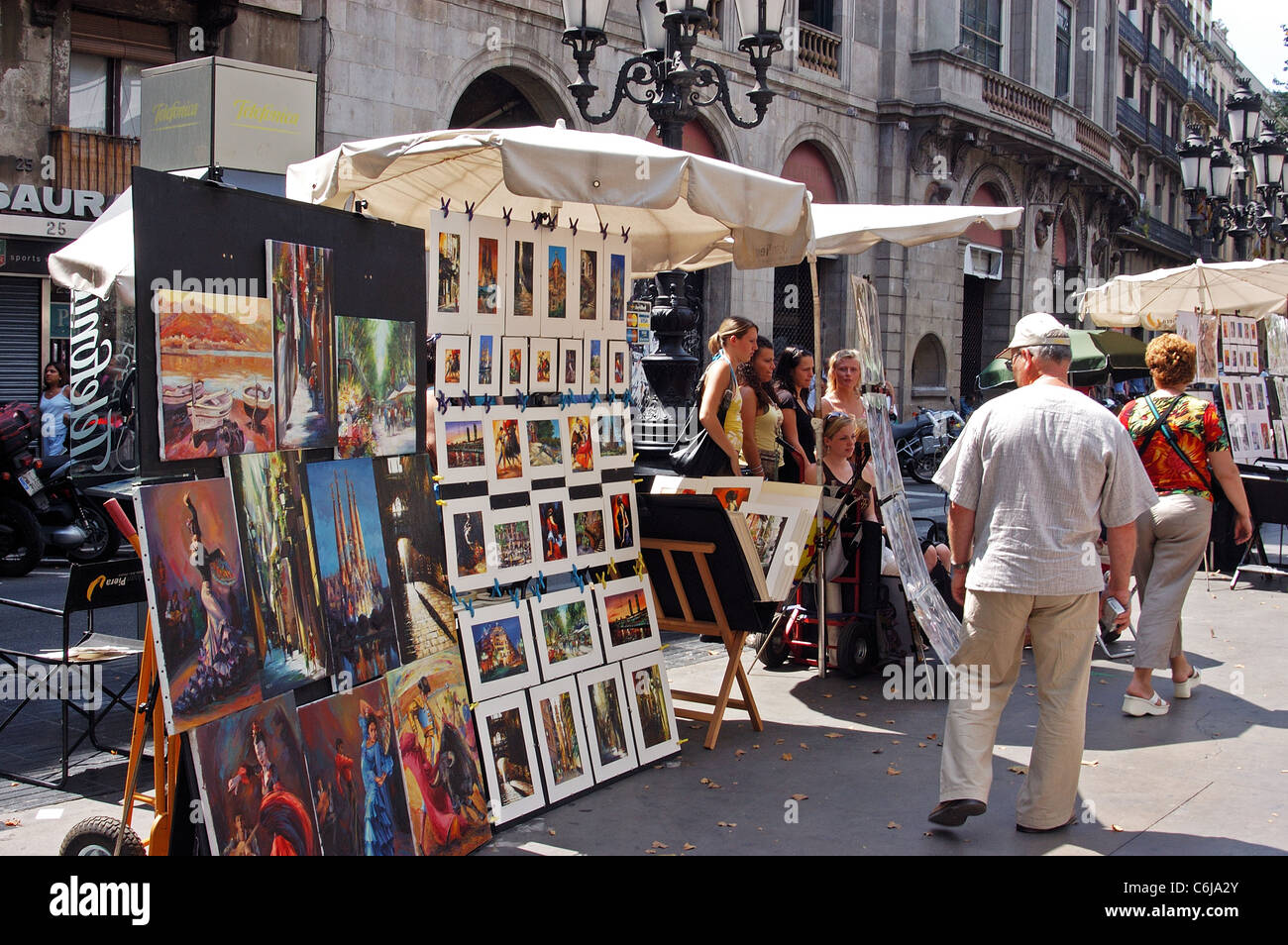 Peintures à vendre le long de Las Ramblas, Barcelone, Catalogne, Espagne, Europe de l'Ouest. Banque D'Images
