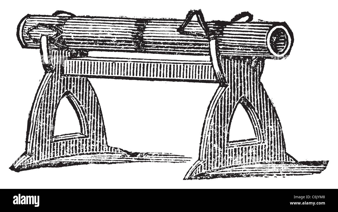 Gravure d'une plate-forme d'armes à feu utilisées lors de la bataille de Cressy en 1346. Vieille illustration d'une arme antique. Banque D'Images