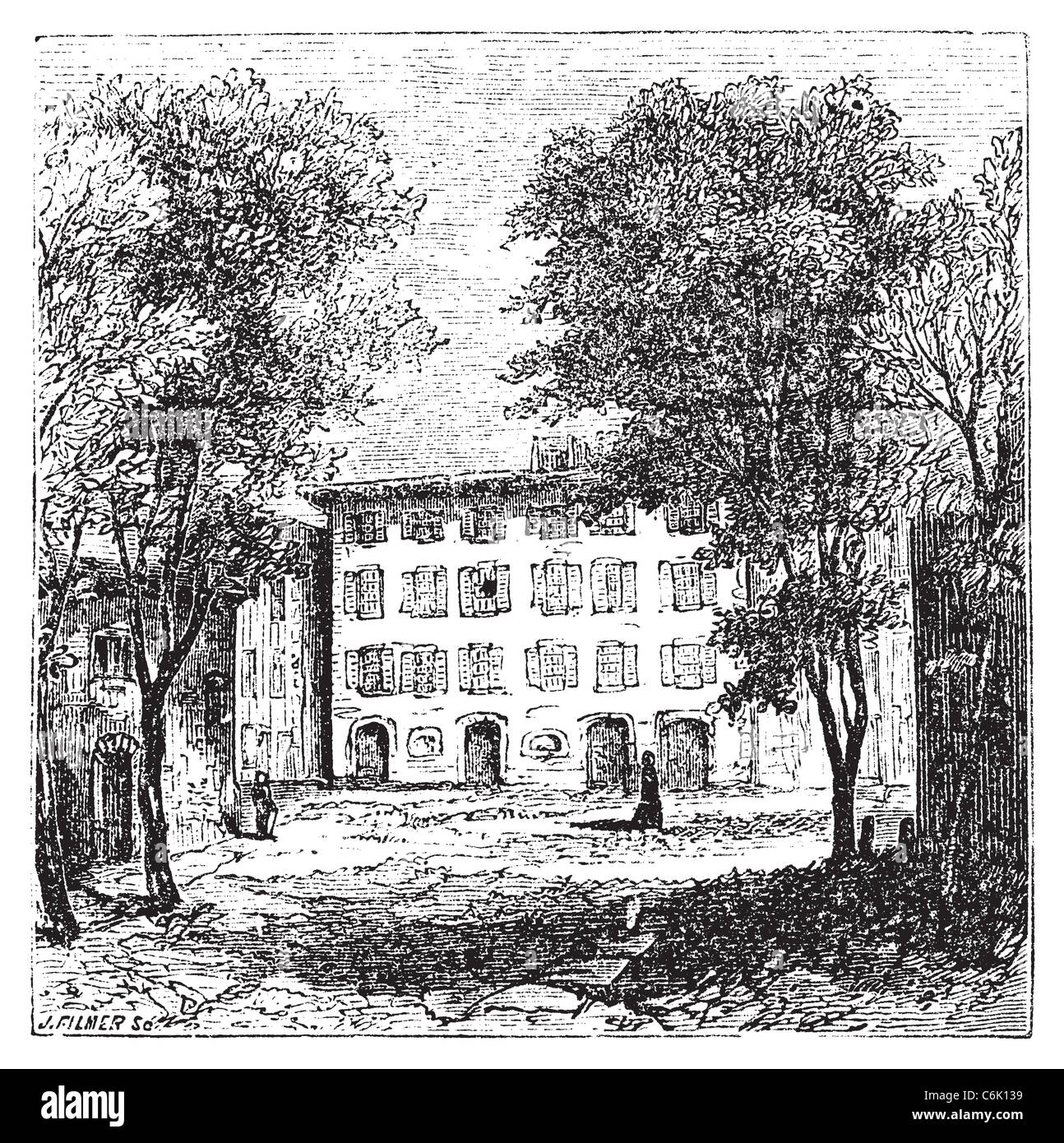 Ville d'Ajaccio, et l'île de Corse en France. La maison où Napoléon est né. Old vintage engraved illustration. Banque D'Images