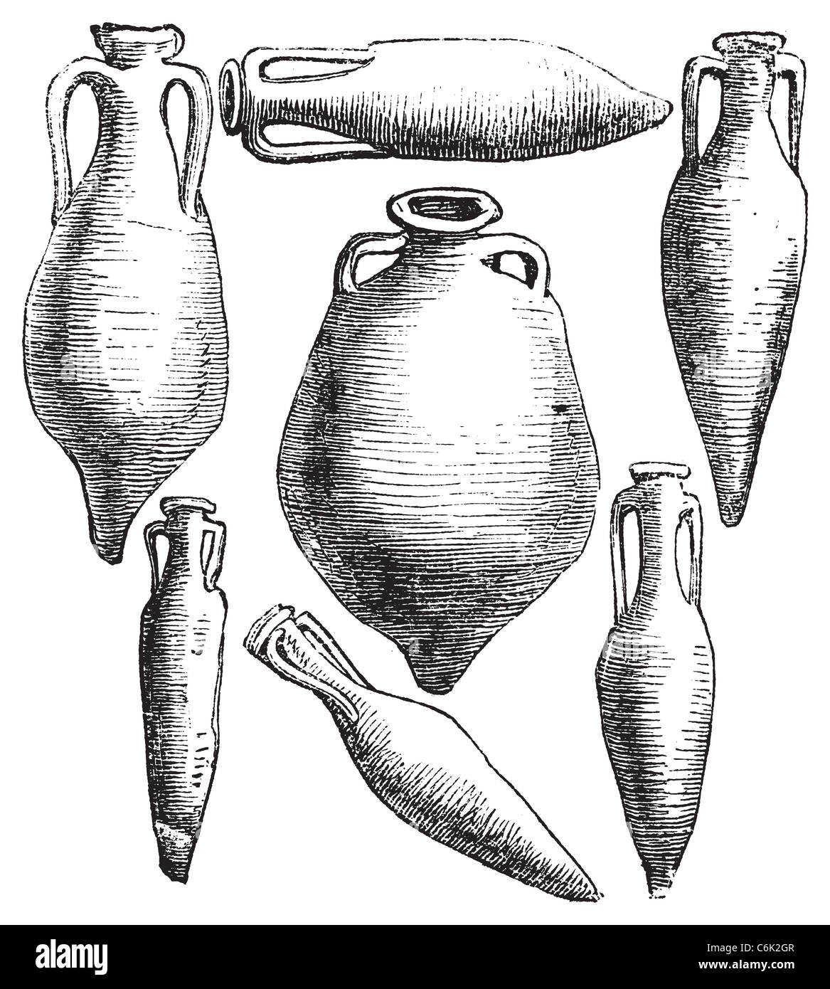 Amphore grecque et romaine vintage vases la gravure.. Vieille illustration gravée d'amphores, de vecteur. Banque D'Images