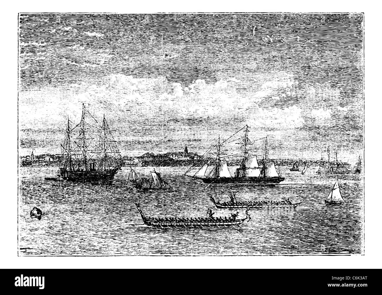 Auckland Harbour dans les années 1890 vintage gravure, la Nouvelle-Zélande. Vieille illustration gravée sur le port d'Auckland, dans les années 1890. Banque D'Images