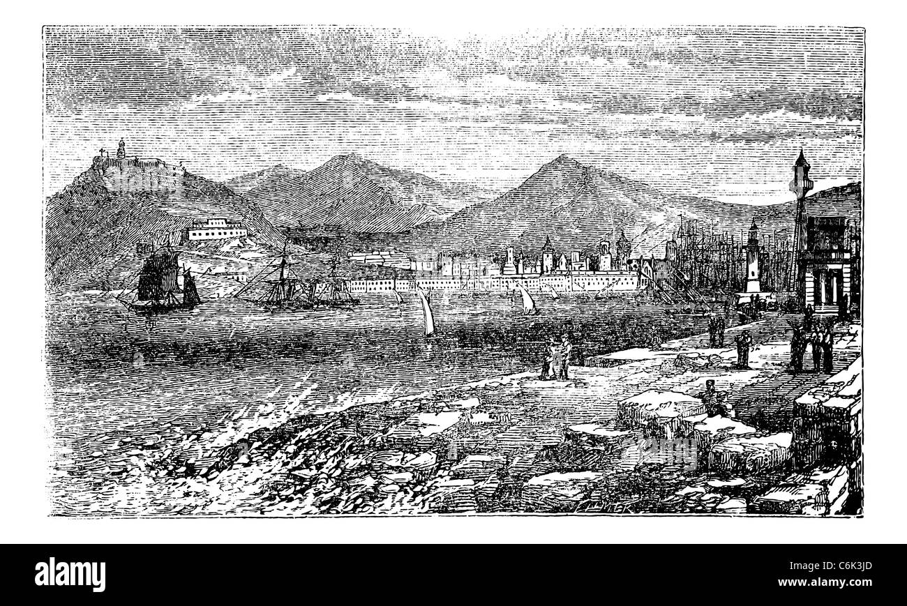Barcelone, en Espagne, au cours des années 1890, vintage la gravure. Vieille illustration gravée montrant de Barcelone port. Banque D'Images