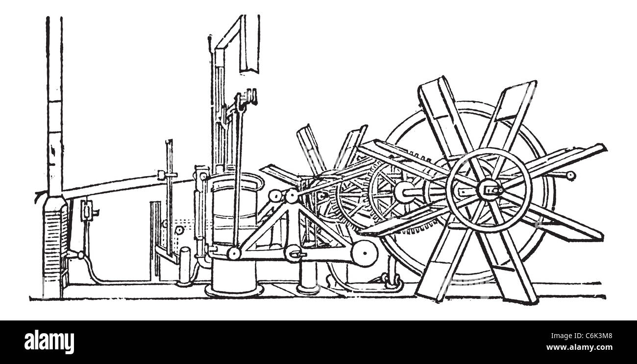 Clermont Steam Ship roue à aube, vintage la gravure. Vieille illustration gravée de la roue à aubes. Banque D'Images